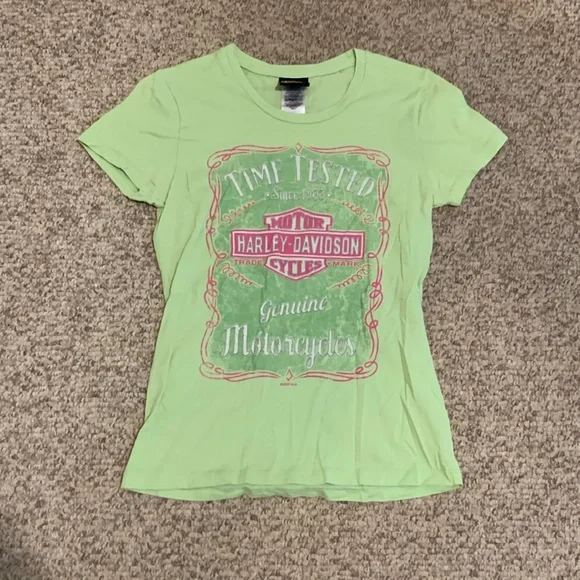 Vtg Harley Davidson mint green pink writing sexy tee shirt sz XS - Picture 1 of 4